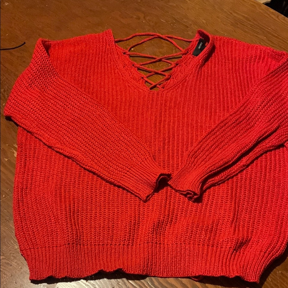 Forever 21 Red V-Neck Sweater with Lace-Up Back